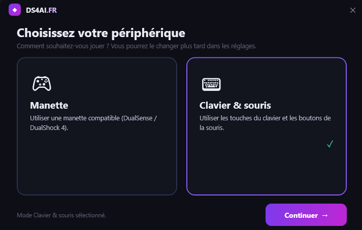 DS4 AI device selection screen with Controller and Keyboard & mouse options