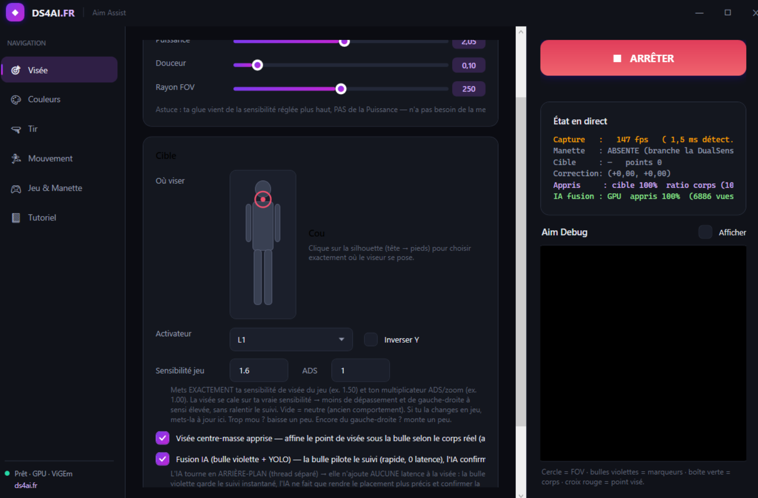 New DS4 AI interface with aim settings, controller and live status