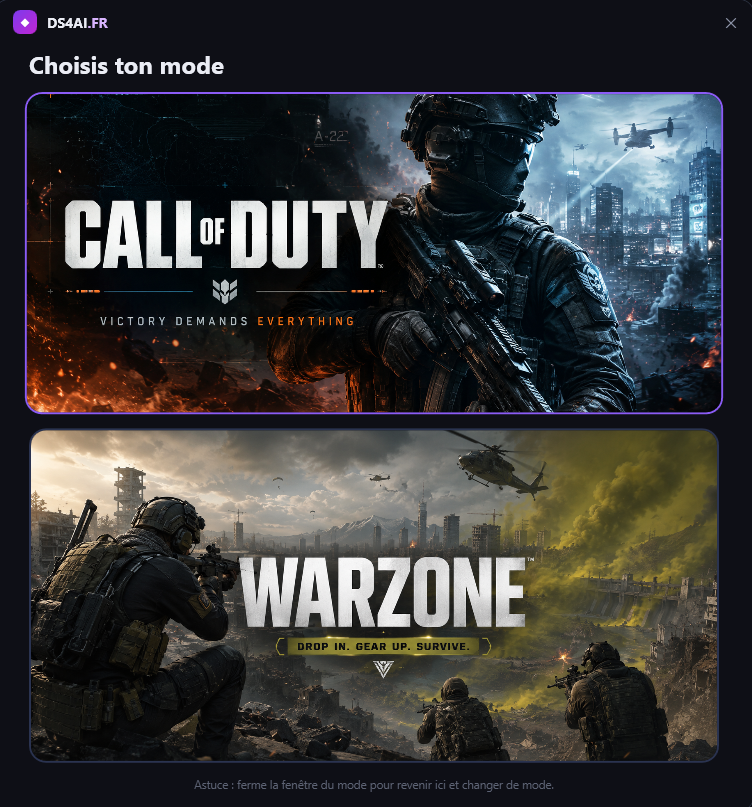 DS4 AI mode selection screen with Call of Duty and Warzone